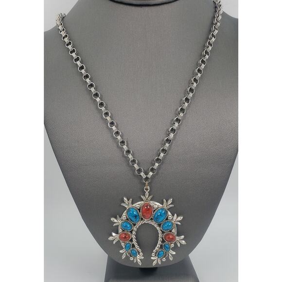 Vintage Art Arthur Pepper Red & Blue Faux-Turquoise Naja-Style Necklace - Picture 2 of 8